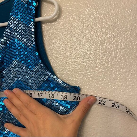 Coldwater Creek aqua teal blue allover sequin chevron art deco glam blouse  L 14 - Picture 5 of 9